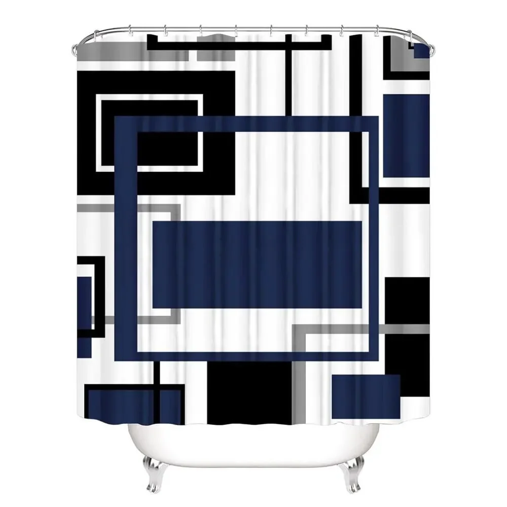 Yddsky 4 Pcs Blue Geometric Shower Curtain Sets Non-Slip Rugs Bath Mat, Toilet